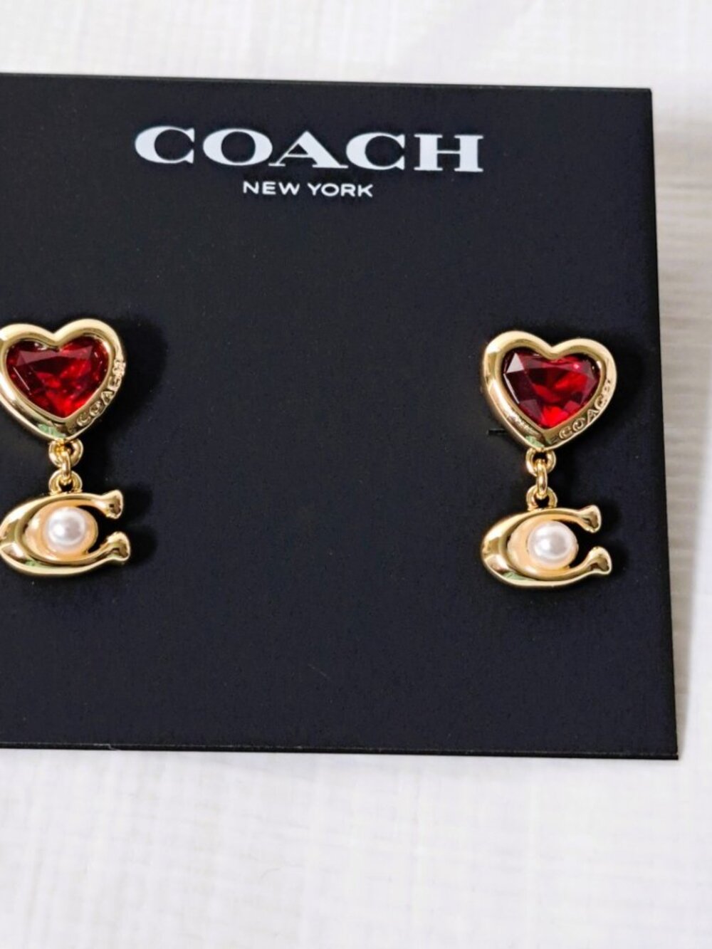 Coach Signature Red/Gold/Pearl Heart Drop Earrings NWT